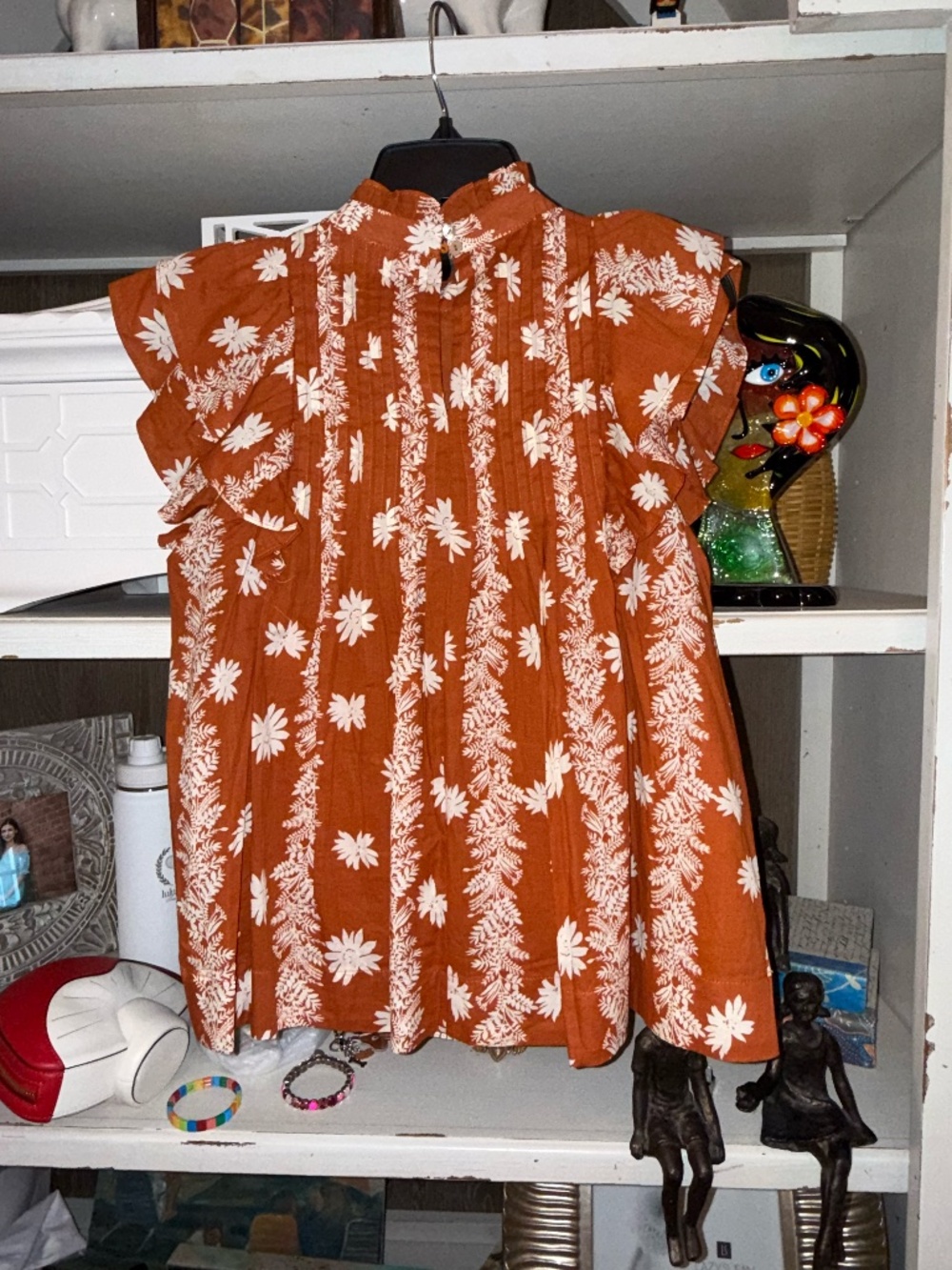 J. marie Xs Aubrey pleated top in burnt orange floral ruffled sleeves nwt - Picture 5 of 5